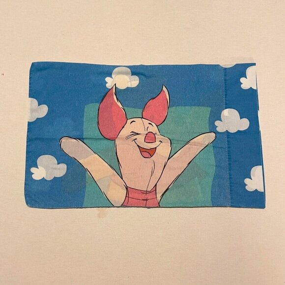 Vtg 2 Disney Winnie The Pooh Piglet Standard Pillow Case Blue White Clouds - Picture 2 of 16